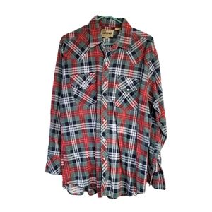 Vintage Ely Cattleman Size L Pearl Snap Flannel Shirt Plaid Western Cowboy Rodeo